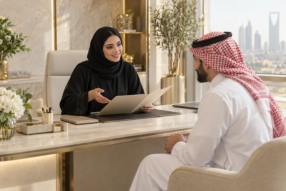 مشهد ترويجي لاستشارة حول إجراءات الاستقدام