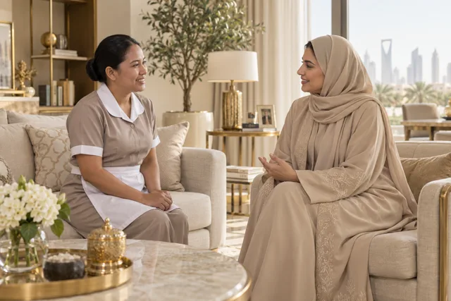 مشهد ترويجي للتواصل بين عاملة منزلية وعميلة